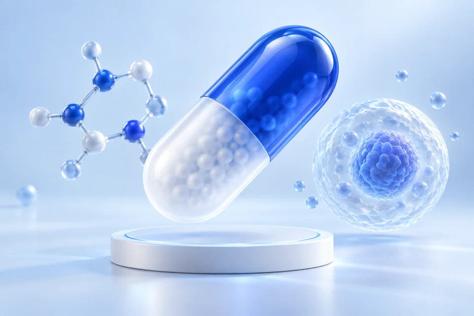胶囊与分子结构构成的生物医药概念图