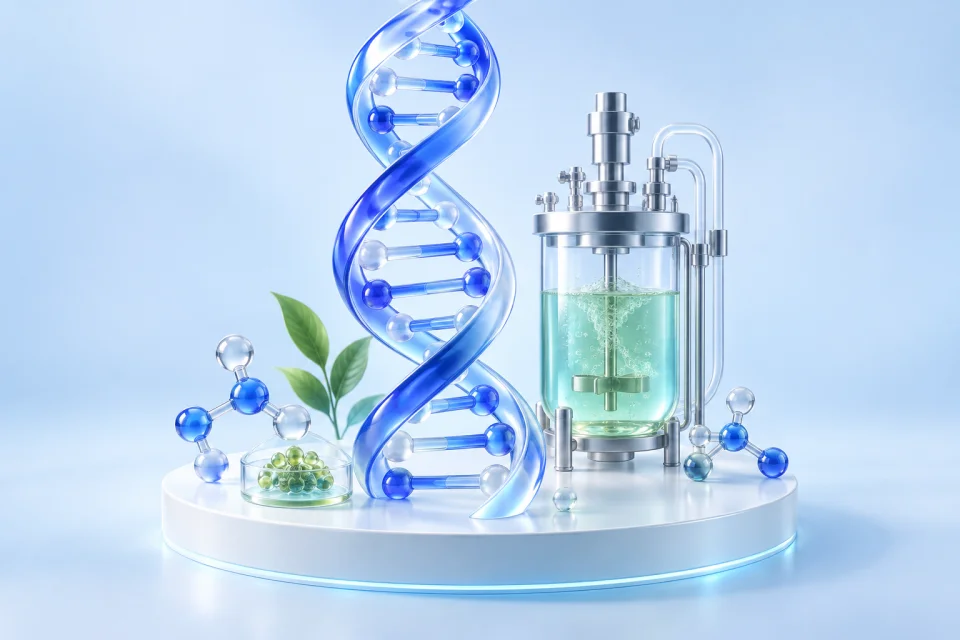 DNA 双螺旋与生物反应器构成的合成生物概念图