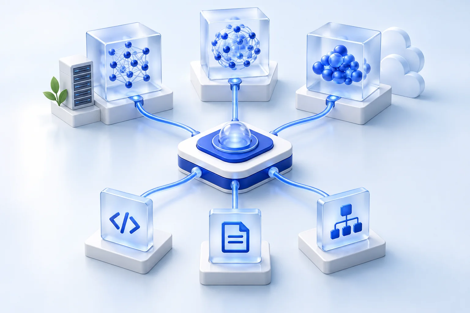 多元模型通过 ZeoNexus API 连接开发、知识与业务应用的概念图