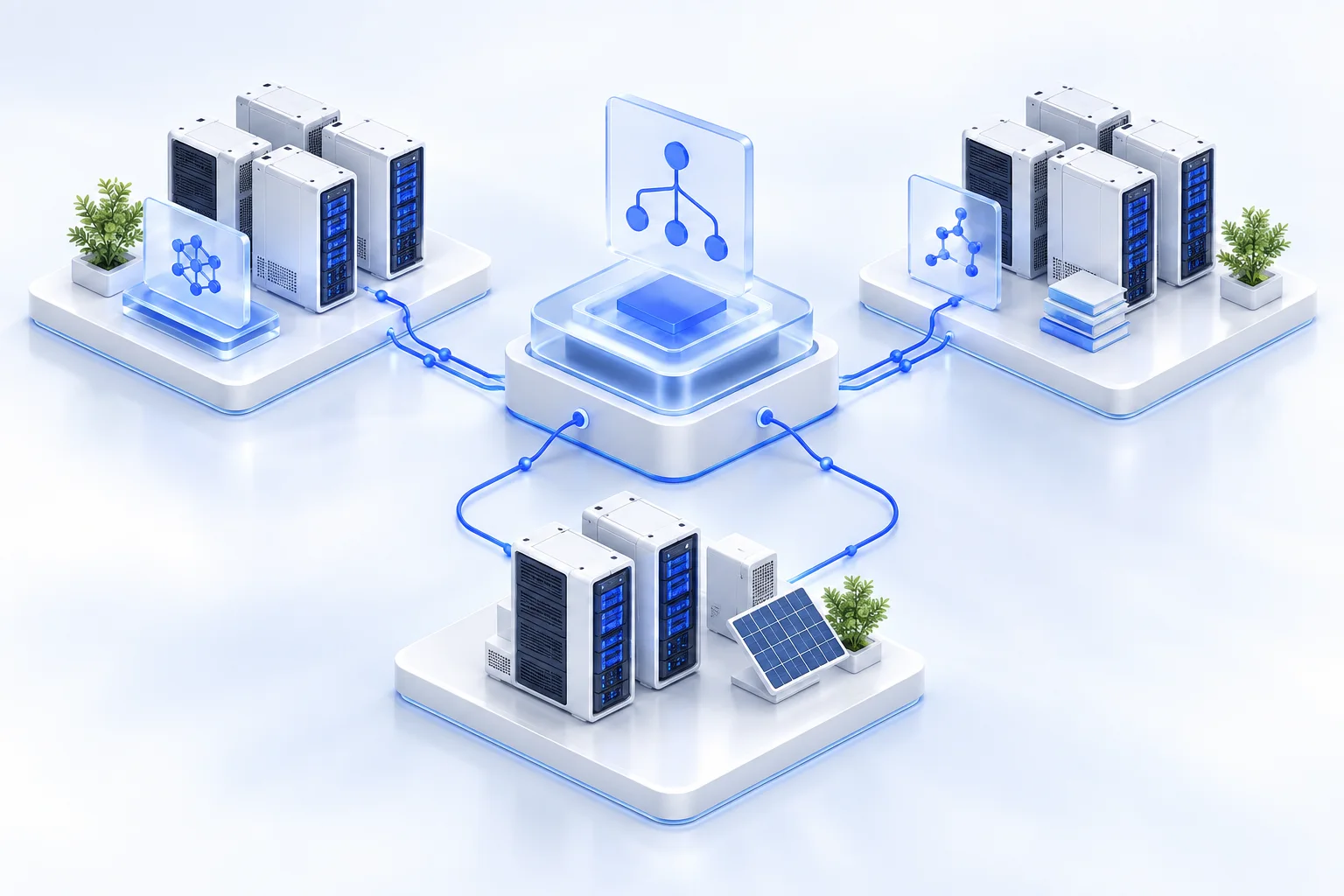 分布式算力服务概念图：多组 GPU 资源通过统一调度连接，支持推理、科研计算与本地部署