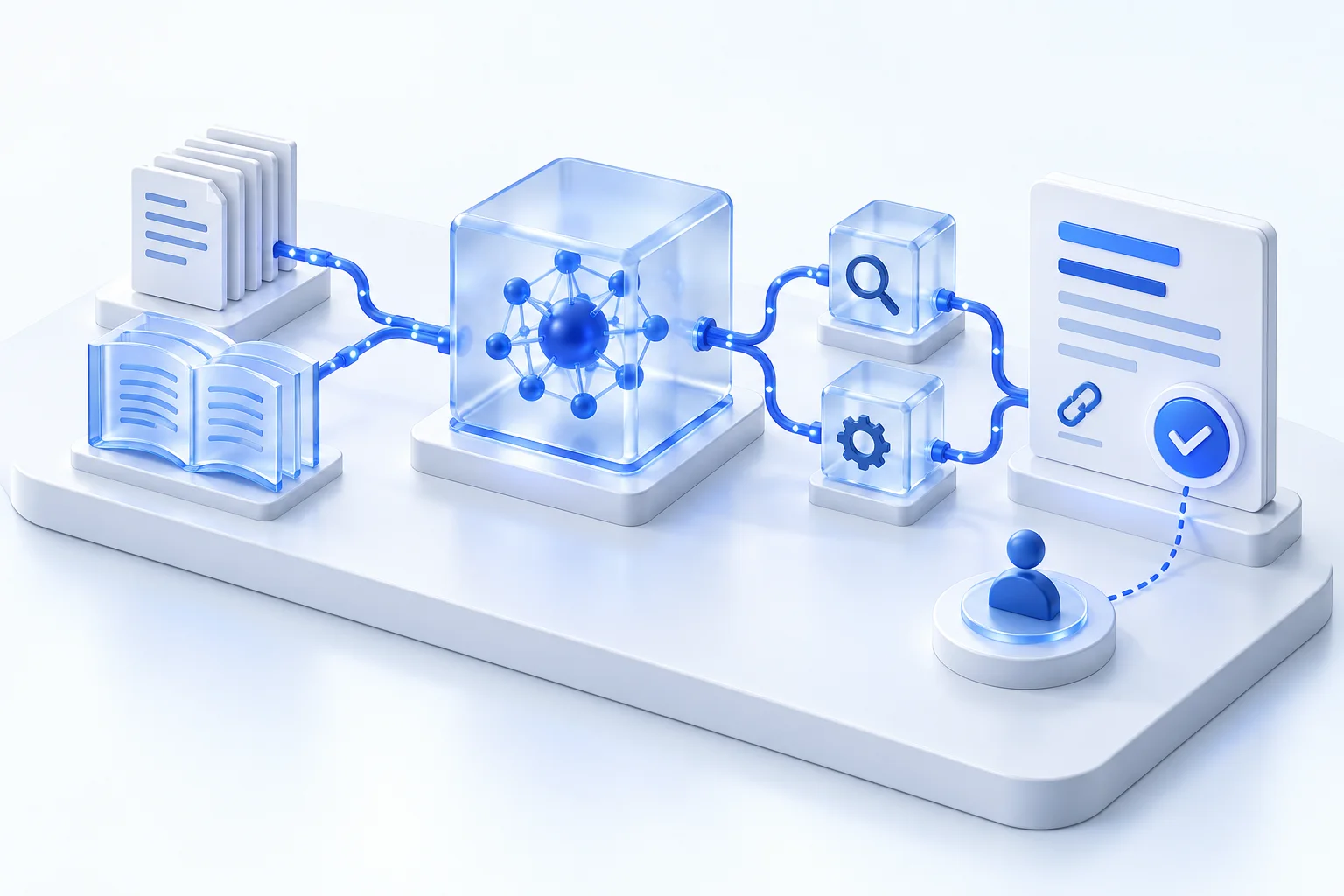 行业智能体概念图：知识资料连接 AI 模型与检索工具，形成可追溯的任务结果与人工复核流程