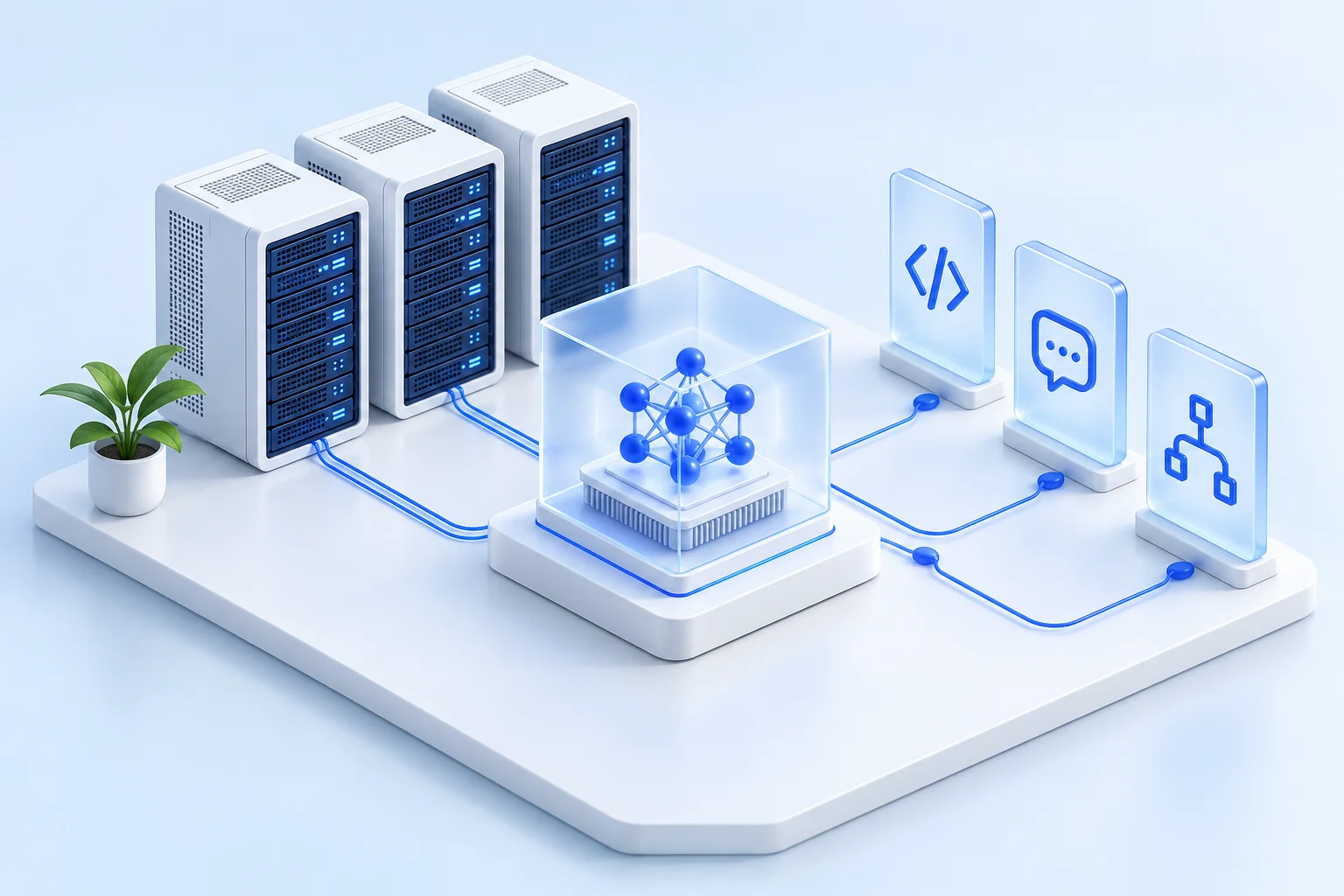 产品与服务概念图：算力设备连接 AI 模型核心，提供模型 API、对话与行业智能体服务